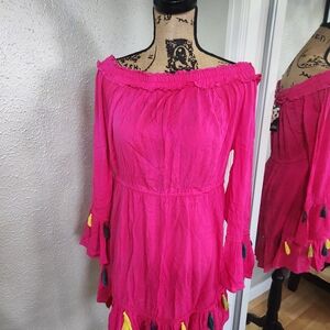 Blush Fuchsia Off-Shoulder Coverup with Tassels